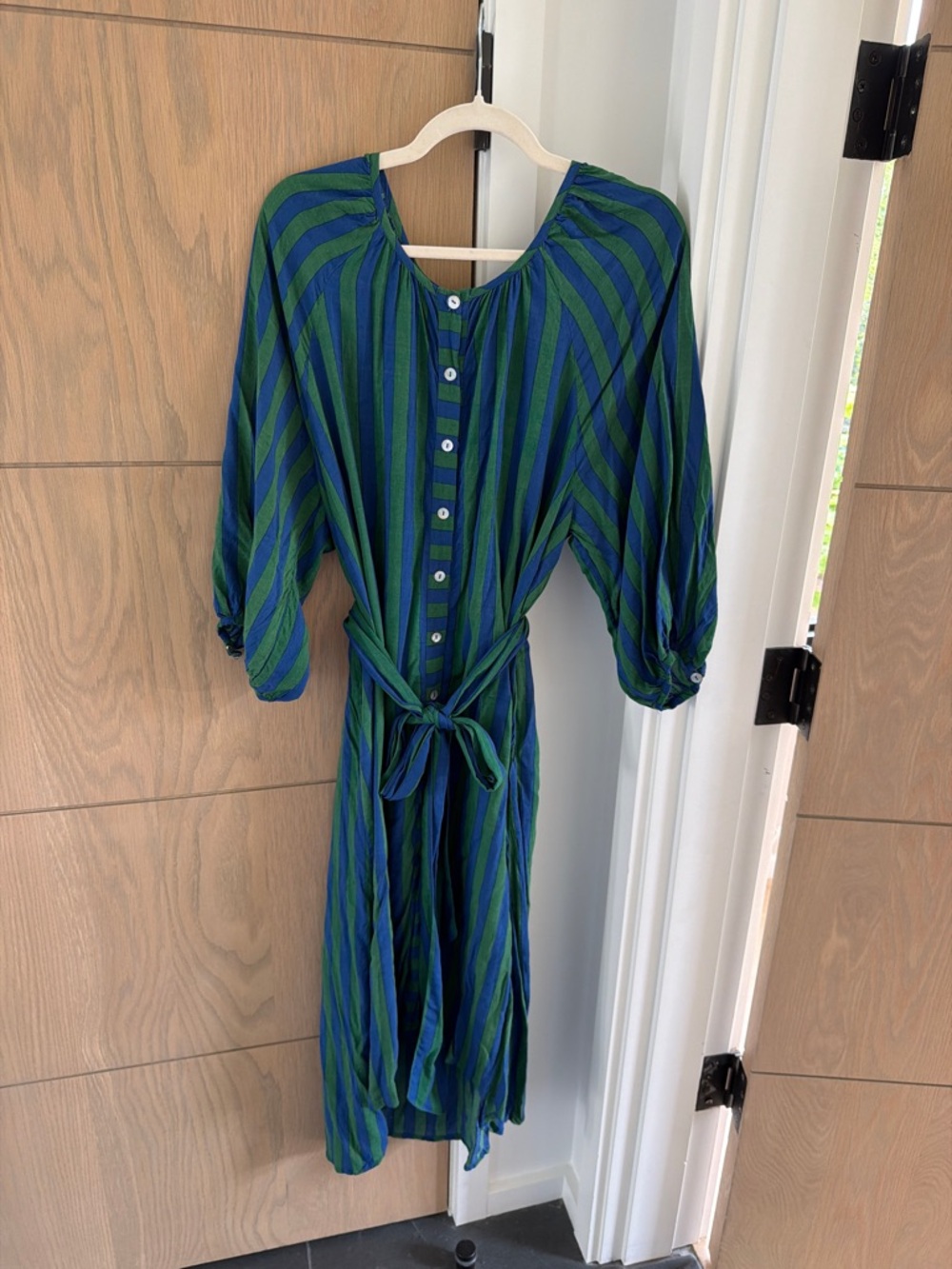 Natalie Martin Green & Blue Striped Maxi Dress with Tie Waist